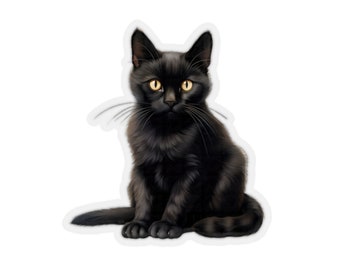 May include: A black kitten with bright yellow eyes sits looking directly at the camera. The kitten has a fluffy coat and is sitting on a white background.