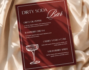 Dirty Soda Bar Menu, enseigne de la station de boissons marron Old Money Beverage Station, menu sans alcool bourgogne, éditable en téléchargement numérique sur toile