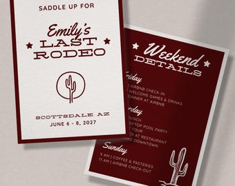 Modèle d'invitation et d'itinéraire pour le dernier rodéo, cow-girl week-end en téléchargement numérique