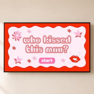 Pode incluir: Uma placa retangular com uma borda vermelha brilhante e um centro rosa claro recortado. O texto diz "who kissed this man?" em uma fonte de bolha vermelha. Elementos decorativos incluem estrelas rosa pixeladas, uma flor e lábios vermelhos, com um botão "start" rosa.