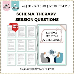 May include: An image promoting "Schema Therapy Session Questions" as a digital download. It features a spiral-bound notebook and a set of question sheets. The text includes "A4 | Printable PDF | Interactive PDF" and "Making Therapy Easy For You."