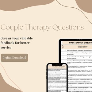 May include: A digital download of a printable worksheet with couple therapy questions. The worksheet is divided into two sections: Communication and Conflict Resolution. The questions are designed to help couples improve their communication and conflict resolution skills.