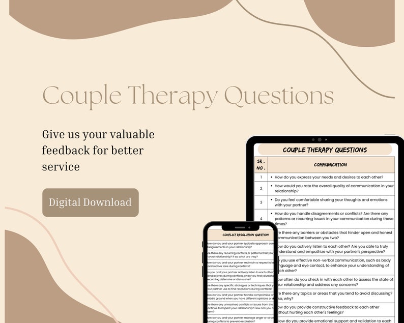 May include: A digital download of a printable worksheet with couple therapy questions. The worksheet is divided into two sections: Communication and Conflict Resolution. The questions are designed to help couples improve their communication and conflict resolution skills.