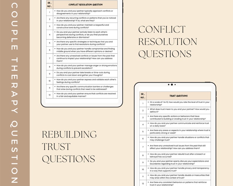 May include: Two digital tablets with a beige background. The left tablet displays a list of questions titled "Couple Therapy Questions" related to conflict resolution. The right tablet displays a list of questions titled "Trust Questions" related to rebuilding trust in a relationship.