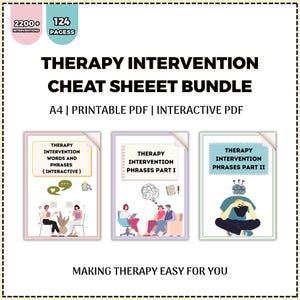 May include: A bundle of three digital therapy resources. The title "Therapy Intervention Cheat Sheet Bundle" is displayed in large, bold letters. The bundle includes "Therapy Intervention Words and Phrases," "Therapy Intervention Phrases Part I," and "Therapy Intervention Phrases Part II."