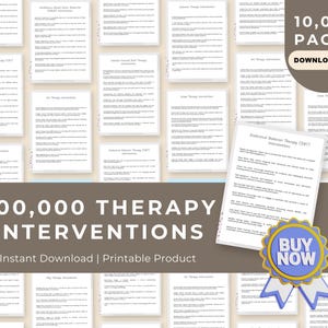 Könnte beinhalten: Ein digitaler Download von 200.000 Therapieinterventionen auf 10.000 Seiten. Der Text "200.000 Therapieinterventionen" ist in großer, fetter Schrift. Der Text "Sofortiger Download | Druckbares Produkt" ist in kleinerer Schrift. Ein blauer Button mit dem Text "JETZT KAUFEN" befindet sich in der unteren rechten Ecke des Bildes.