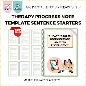 Puede incluir: Imagen de un producto digital: "Therapy Progress Note Template Sentence Starters". La imagen presenta un cuaderno de espiral con el título, una etiqueta "Best Price" y un gráfico de dos personas. El producto es un PDF A4 imprimible e interactivo con 140 inicios de frases.