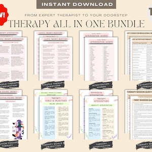 May include: A bundle of 120 pages of therapy resources, including couple therapy interventions, questions, and goals. The documents feature text and are designed for instant download. A red "NEW!" sticker is in the upper left corner.