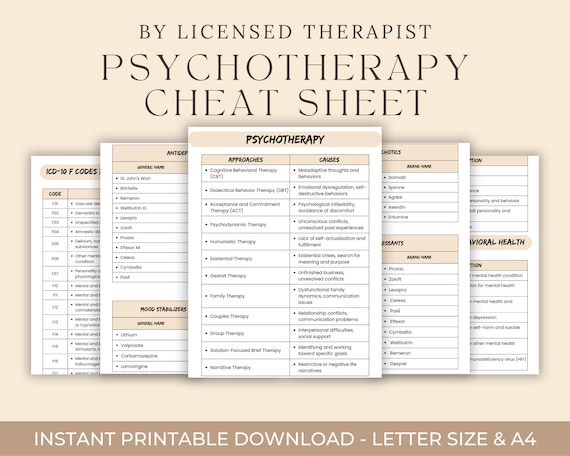 Psychotherapy Cheat Sheets, Therapist Cheat Sheets, Clinical