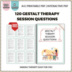 May include: A digital product with the title "120 Gestalt Therapy Session Questions." The image shows a spiral-bound notebook with a cover illustration of two people in a therapy session. The product includes 120 questions and 9 pages.