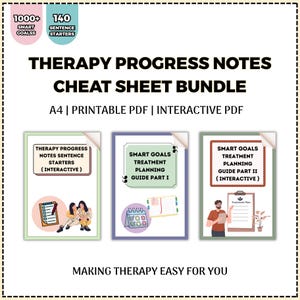 Puede incluir: Un paquete de recursos de terapia, que incluye un "Cheat Sheet Bundle" con guías de "Therapy Progress Notes" y "Smart Goals Treatment Planning". La imagen presenta tres guías digitales con ilustraciones y texto, diseñadas para uso interactivo.
