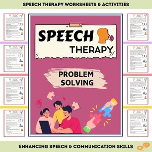 Puede incluir: Un gráfico rosa y blanco con las palabras "SPEECH THERAPY" y "PROBLEM SOLVING". La imagen incluye ilustraciones de personas y piezas de rompecabezas, con el texto "ENHANCING SPEECH & COMMUNICATION SKILLS" en la parte inferior. También se ven varias hojas de trabajo.