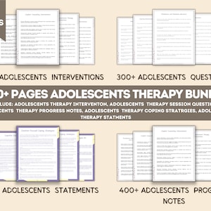 May include: A digital download bundle of over 500 pages of printable resources for adolescent therapy. The bundle includes interventions, session questions, progress notes, coping strategies, and therapy statements.