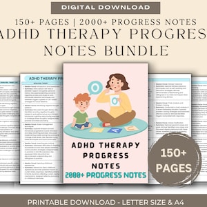 Könnte beinhalten: Ein digital herunterladbares Bundle mit über 150 Seiten an ADHD-Therapie-Fortschrittsnotizen. Das Cover zeigt eine Illustration eines Therapeuten und eines Kindes, die auf einem bunten Teppich sitzen. Der Text "ADHD Therapy Progress Notes" ist in großer Schrift dargestellt.