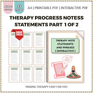 以下が含まれることがあります： 「Therapy Progress Notes Statements Part 1 of 2」というタイトルのデジタル商品。表紙には「Therapy Note Statements and Phrases (Interactive)」というテキストが入ったスパイラル綴じのノートが描かれています。「500+ Statements」と「53 Pages」というテキストも含まれています。
