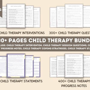 Paquete de terapia infantil, preguntas sobre terapia, metas y objetivos de terapia, declaraciones de terapia, intervenciones de terapia, notas de progreso