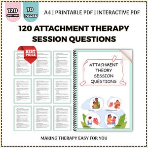 May include: A digital resource titled "120 Attachment Therapy Session Questions." The cover shows a spiral-bound notebook with illustrations and the text "Attachment Theory Session Questions." Additional pages are displayed, with the text "Best Price."