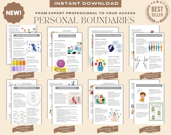 Peut inclure: Un téléchargement numérique de feuilles de travail imprimables sur les limites personnelles. Les feuilles de travail présentent des illustrations et du texte colorés, y compris des titres tels que « Que sont les limites ? », « Limites saines et malsaines », « Mes limites personnelles », « Communiquer les limites », « Cercle des limites », « Principes des limites », « Votre guide pour la prise en charge émotionnelle » et « Établir des limites ».