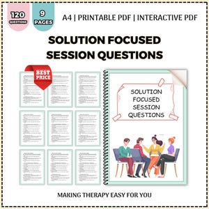 Op de afbeelding: Een digitaal product met de titel "Solution Focused Session Questions". De afbeelding toont een spiraalgebonden notitieboek met een omslagillustratie van mensen in een therapiesessie. Het product bevat 120 vragen over 9 pagina's, ontworpen om therapie gemakkelijk te maken.