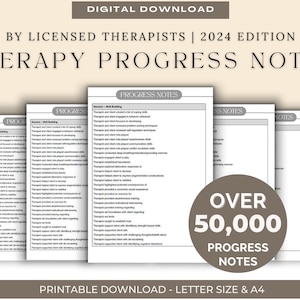 May include: A digital download of over 50,000 printable therapy progress notes for licensed therapists. The notes are organized by session and include a variety of topics, such as skill building, coping skills, and trauma-informed care. The notes are available in letter size and A4.