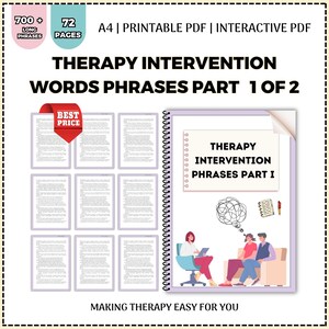Puede incluir: Una descarga digital titulada "Therapy Intervention Words Phrases Part 1 of 2". La imagen muestra un cuaderno encuadernado en espiral con el título en la portada, junto con varias páginas de texto e ilustraciones. La imagen también incluye el texto "700+ Long Phrases" y "72 Pages".