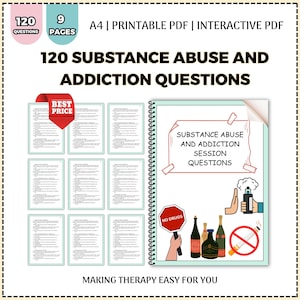 Puede incluir: Un producto digital titulado "120 Preguntas sobre Abuso de Sustancias y Adicción". La portada presenta un documento encuadernado en espiral con el título, junto con ilustraciones de botellas, un letrero de "No Drugs" y un dispositivo de vapeo. El producto incluye 9 páginas y 120 preguntas.