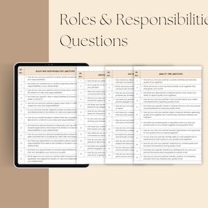May include: A worksheet with questions about roles and responsibilities in a relationship. The worksheet is divided into three sections: Roles and Responsibilities, Emotional Intimacy, and Quality Time. Each section has a list of questions to help couples discuss their relationship.