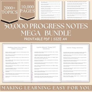 May include: A digital download of 50,000 printable progress notes for therapists. The notes are organized into three categories: Mindfulness-Based Stress Reduction (MBSR), Cognitive-Behavioral Therapy (CBT), and Narrative Therapy. The document is in A4 size.