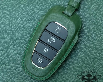 Hyundai Leather Key Fob Case Cover, Hyundai Series Keyless Sleeve Protected, Santa FE Remote Cover, Custom Set of Wrist Strap and Key Case