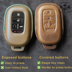 May include: Two leather key fob covers, one tan with exposed buttons and green stitching, the other brown with covered buttons. Text reads "Exposed buttons" and "Covered buttons" with pros and cons listed below each.