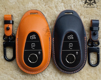 Mercedes Benz Leather Key Fob Cover, Mercedes S-Class S500 W206 W223 Remote Keyless Case, Custom Set of Leather Wrist Strap Airtag Cover