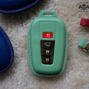 May include: A green leather key fob with a pink stitch detail. The fob has four buttons: HOLD, a car icon, a lock icon, and a speaker icon. The speaker icon is red.
