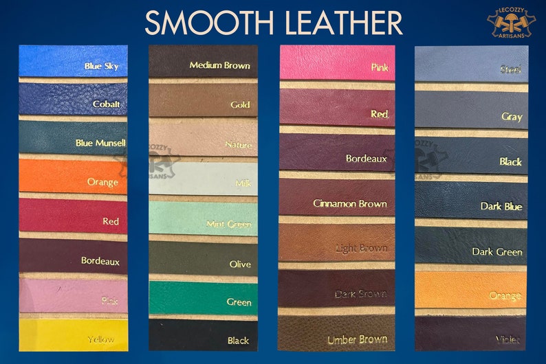 May include: A chart displaying 20 different colours of smooth leather. The colours are arranged in rows of four. The colours are: Blue Sky, Cobalt, Blue Munsell, Orange, Red, Bordeaux, Rose, Yellow, Medium Brown, Gold, Nature, Milk, Mint Green, Olive, Green, Black, Pink, Red, Bordeaux, Cinnamon Brown, Light Brown, Dark Brown, Umber Brown, Ston, Gray, Black, Dark Blue, Dark Green, Orange, Violet.