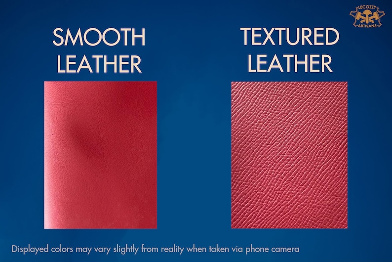 May include: Two close-up samples of leather, one smooth and one textured. Both samples are a deep red colour.