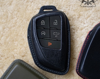 2023 2024 Chevrolet Silverado Car Key Cover Leather, 2025 Chevrolet GMC Suburban Tahoe Key Fob Remote 5 Buttons Key Shell Leather Color