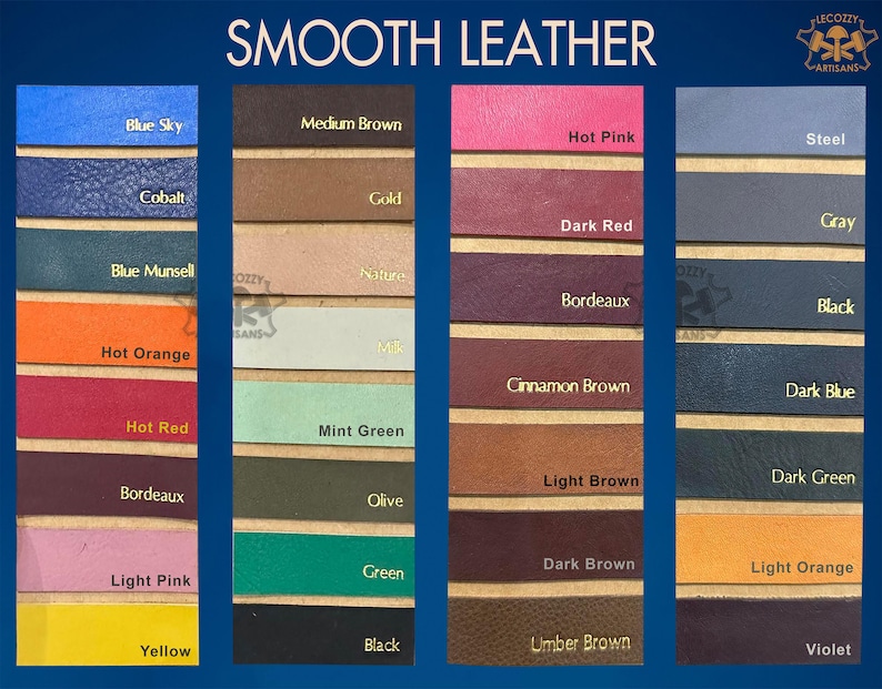May include: A color chart of smooth leather swatches in various colors, including blue, brown, pink, and green. The text "SMOOTH LEATHER" is at the top. Each swatch is labeled with its color name in gold lettering.