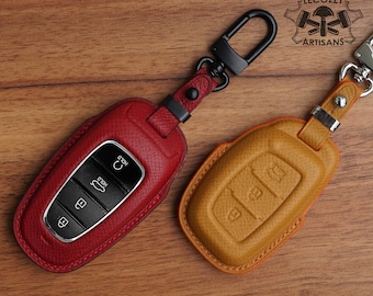 Könnte beinhalten: Zwei Leder-Schlüsselanhänger mit Metallschlüsselringen. Der Anhänger links ist rot und der rechts ist braun. Beide Anhänger haben Knöpfe mit dem Text "HOLD" und "UNLOCK". Der Text "LECOZZY ARTISANS" ist in der oberen rechten Ecke des Bildes sichtbar.