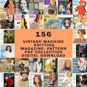 Puede incluir: Una colección digital de 156 revistas y patrones de tejido a máquina vintage. La imagen muestra varias portadas de revistas con modelos, patrones de tejido y el texto "Knitting News" y "Modern Knitting".