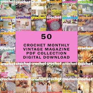 以下が含まれることがあります： 50冊のCrochet Monthlyヴィンテージ雑誌のPDF形式のコレクション。画像には、ドイリー、テーブルクロス、インテリアアイテムなど、さまざまなかぎ針編みのプロジェクトが掲載された複数の雑誌の表紙が表示されています。ピンク色の背景には「50 CROCHET MONTHLY VINTAGE MAGAZINE PDF COLLECTION DIGITAL DOWNLOAD」と書かれています。