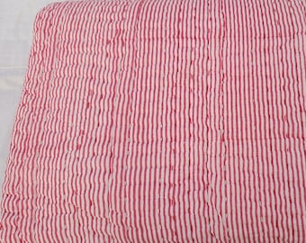 Handmade Striped Cotton Kantha Quilt, Jaipuri Block Print Bedspread