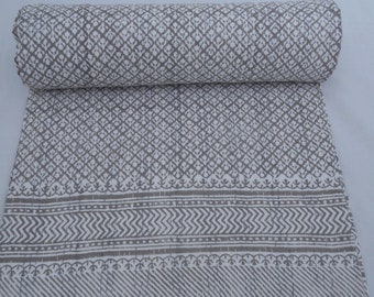 Handmade Grey Kantha Quilt: Hand Block Print, Cotton Bedspread