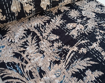 Colcha Kantha floral feita à mão, roupa de cama de algodão com estampa em bloco feita à mão.