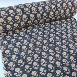 Luxury Black Floral Kantha Quilt, Handblock Print Cotton Bedspread