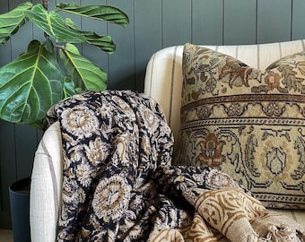 Hand Block Print Cotton Throw: Boho Tassel Blanket, Twin/Queen