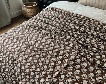 Luxury Floral Print Kantha Quilt, All Size Twin Size Throw Blanket, Queen Size & King Size Quilt, Natural Colors Handmade Soft Kantha Quilt