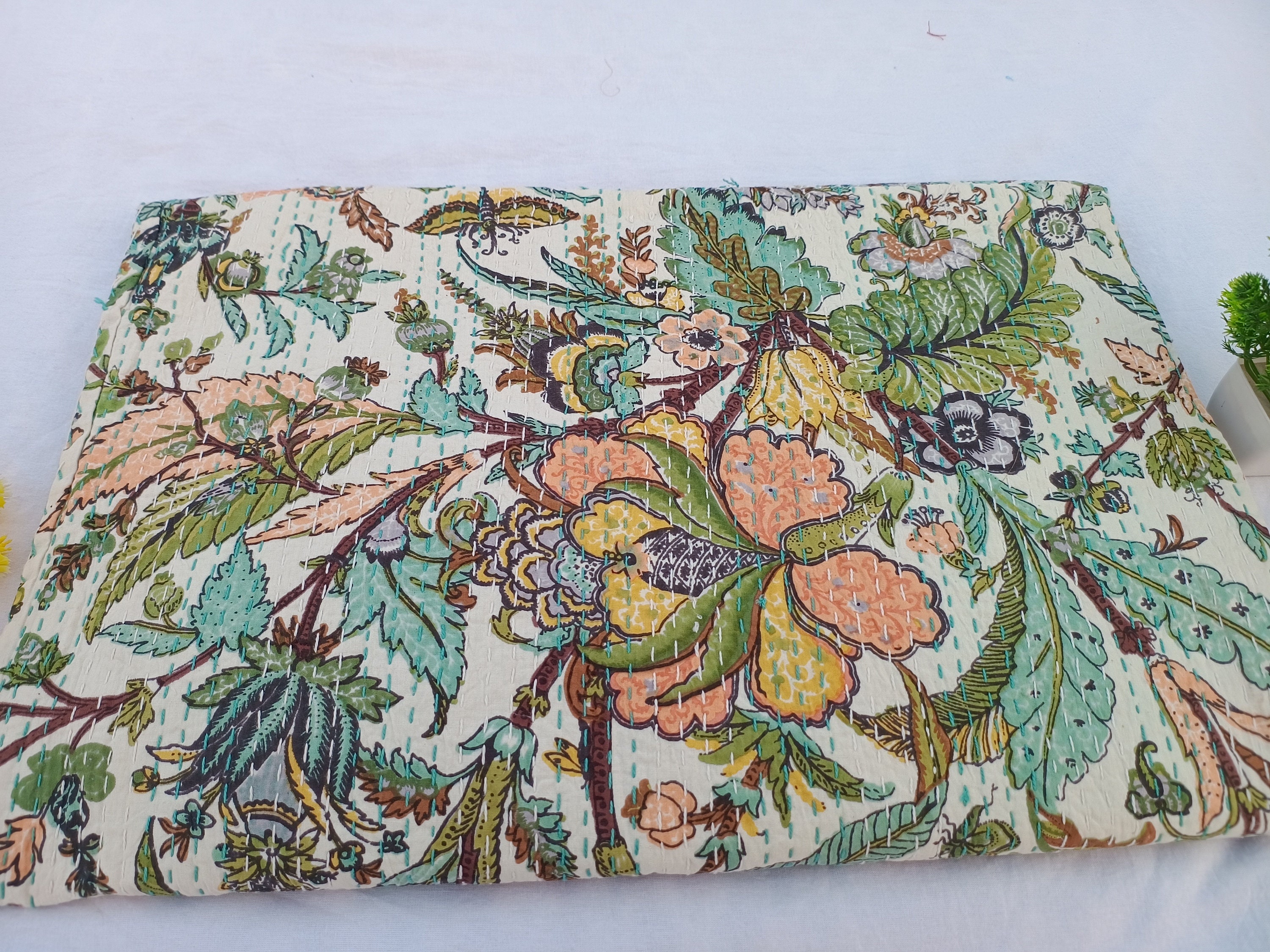 Floral Kantha Quilt, Handmade Handblock Print Cotton Bedspread
