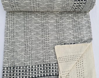 Luxury Indian Kantha Quilt, Handcrafted Cotton Throw, Queen Bed Cover, Bohemian Bedroom Blanket, Vibrant Kantha Quilt, One-of-a-Kind Gift