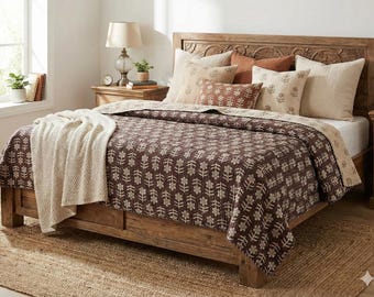 Edredón Kantha de algodón con estampado floral, funda de cama con estampado de bloques hecha a mano.