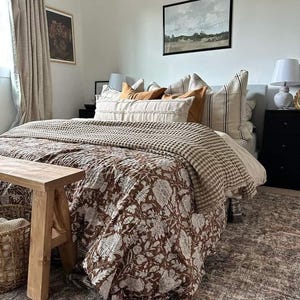 Luxury Kantha Handmade Block Print Quilt Brown Floral Boho Bedspread