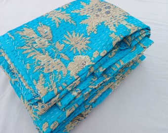 Handgefertigte Kantha Quilt Himmelblau Farbe Einzigartige Design Handgefertigte Kantha Quilted Bettwäsche Tagesdecke Druck Decke Gut aussehende Quilt